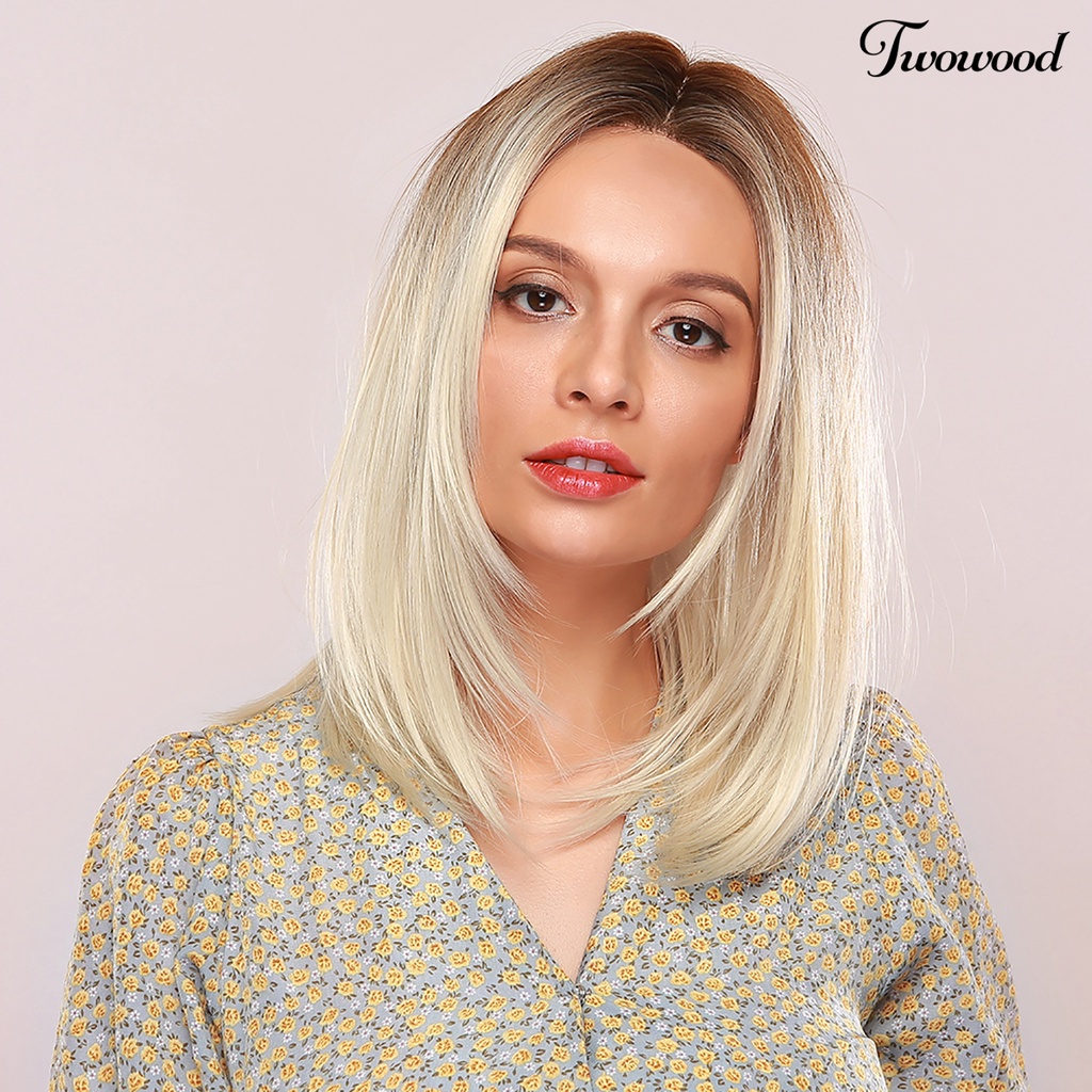 Wig Twowood 18inch Tahan Panas Full Rambut Pendek Lurus Sintetis Natural Untuk Wanita