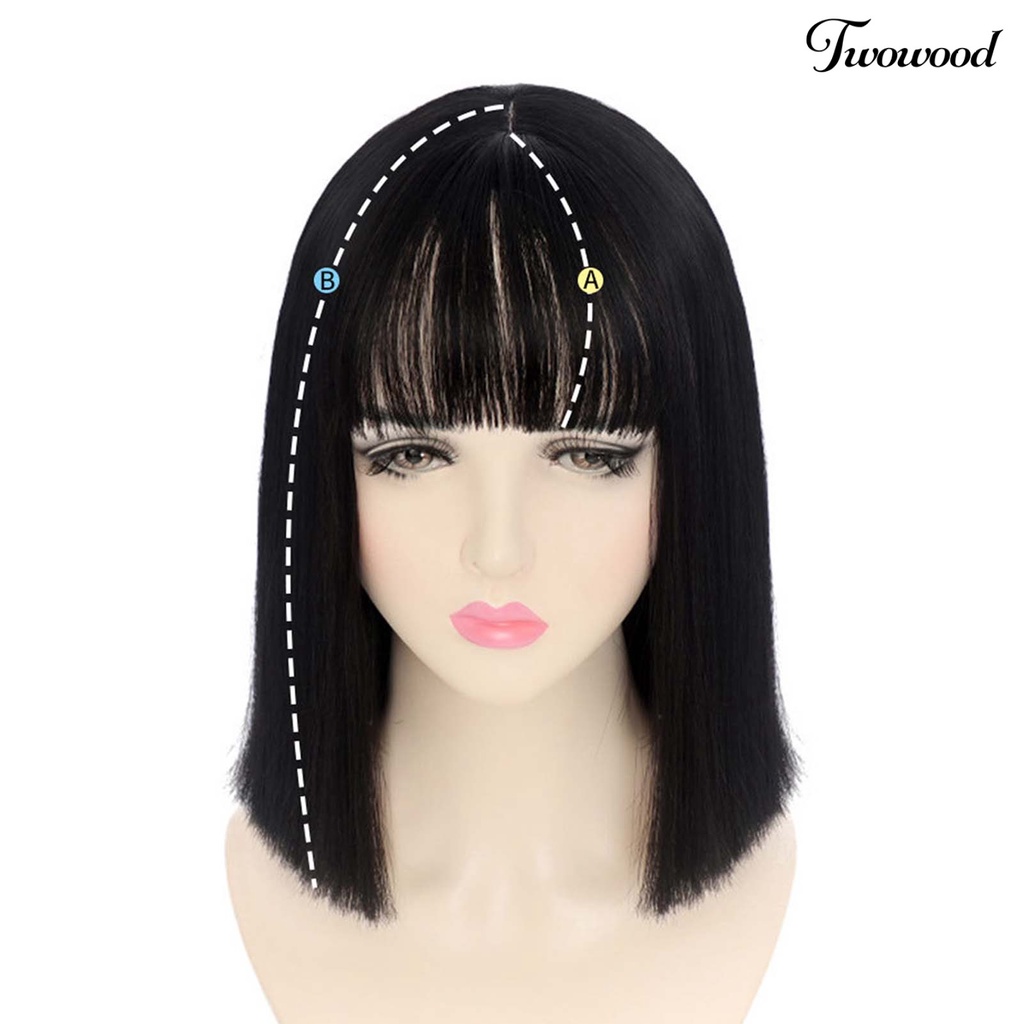 Twowood Jisheng Wig Lurus Ketat Warna Alami Wig Bob Lurus Pendek Serat Suhu Tinggi Dengan Bang Untuk Anak Perempuan