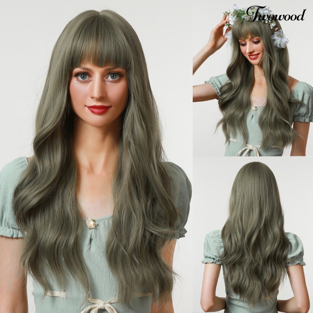 Twowood Wanita Wig Rambut Rapi Poni Bernapas Ringan Halloween Cosplay Wig Gelombang Panjang Untuk Perempuan