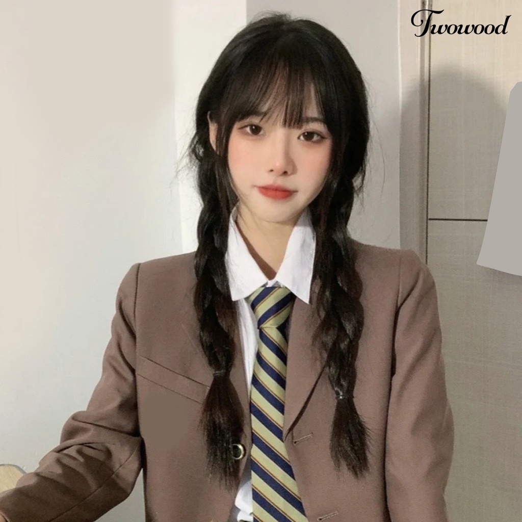 Twowood Cosplay Wig Simulasi Jangan Perm Halus Cakupan Penuh Bermain Peran Tanpa Simpul Panjang Hitam Kepang Rambut Dengan Poni Wanita Wig Pesta Supply