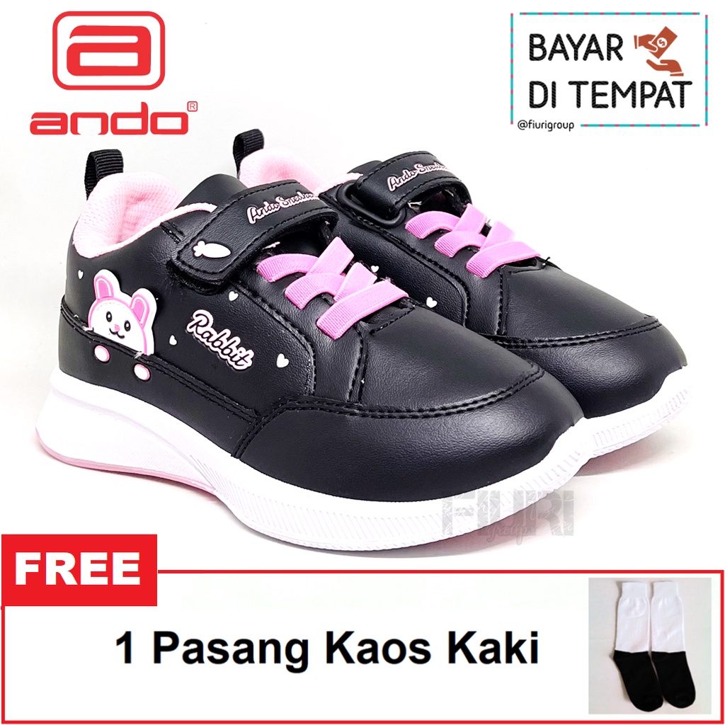 FIURI – ANDO –CUTE RABBIT PEREKAT 29-32 HITAM PINK – Sepatu Kets Anak Perempuan – Sneakers Anak – Sepatu Olahraga Sport Anak Balita Cewek  Perekat - Sepatu Casual Anak Kecil – Sepatu Sekolah Hitam Anak TK SD Murah