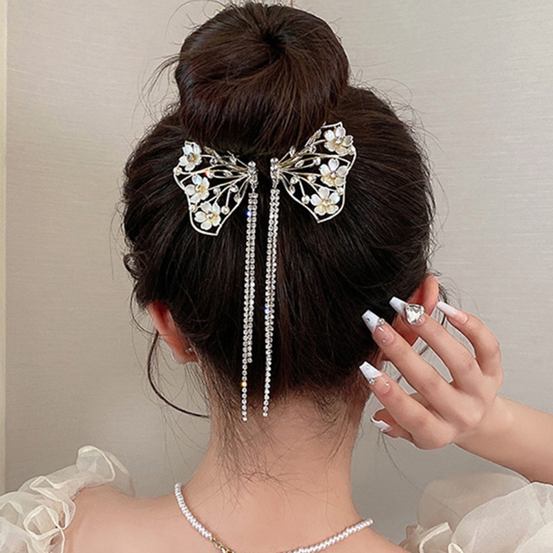 Camellia Busur Berlian Imitasi Mutiara Rumbai Kepala Bola High-End Hair Clip