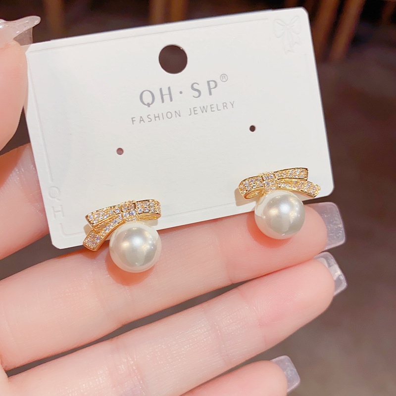 Fashion Perak Pin Anting, Mutiara Kecil Minimalis Komuter Wanita Desain Rasa Dasi Kupu-Kupu Busur Busur Stud Earrings