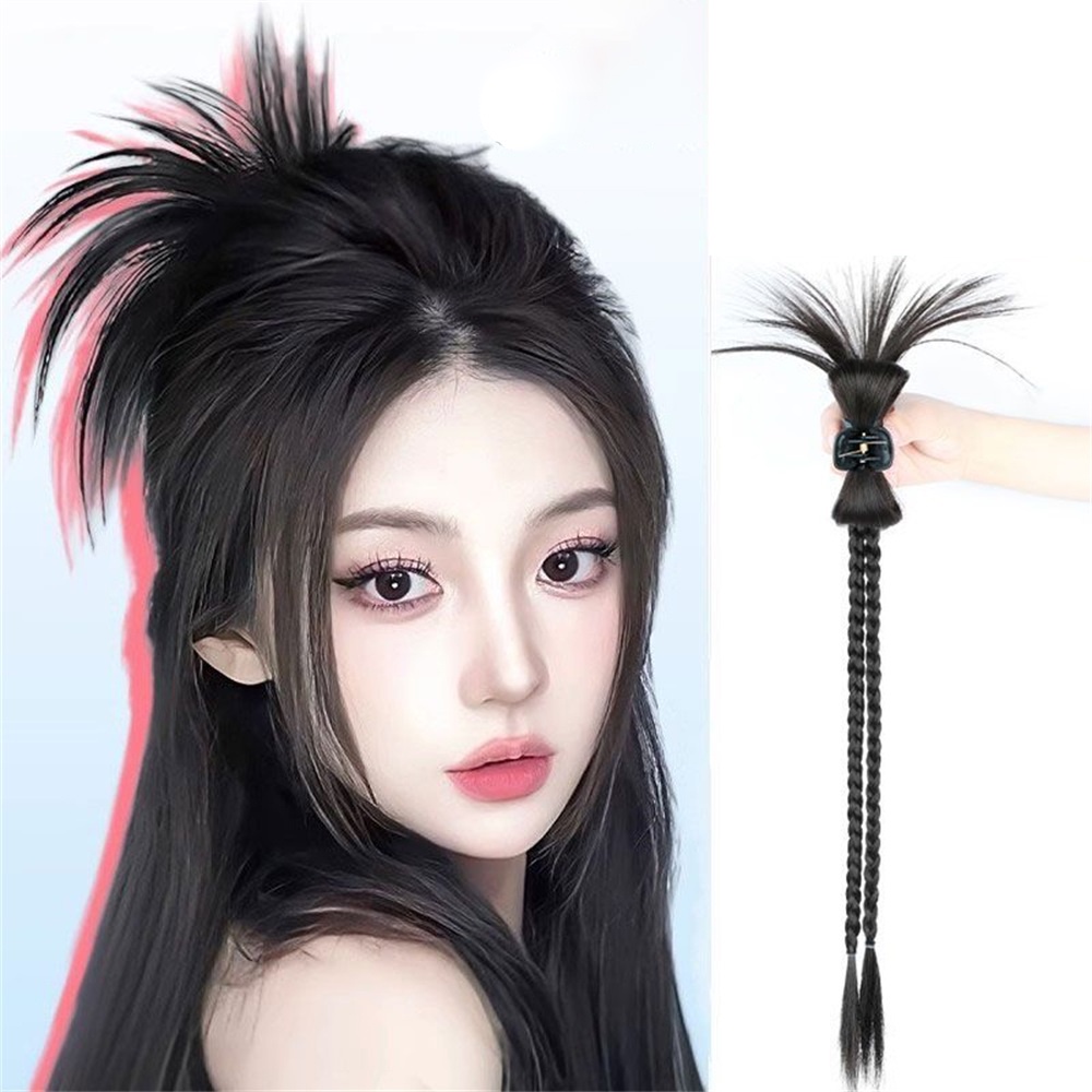 Rempah Gadis Gaya Bulu Ayam Shuttlecock Kepala Wig Wanita Malas Memutar Kepang Ponytail Rambut Wig Aksesoris