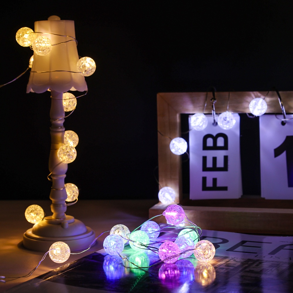 3warna Bola Retak String Lampu DIY Romantis/Untuk Dekorasi Taman Natal Pernikahan Rumah/LED Crackle Ball Fairy Tale Light String/Lampu Kawat Tembaga Tenaga Baterai
