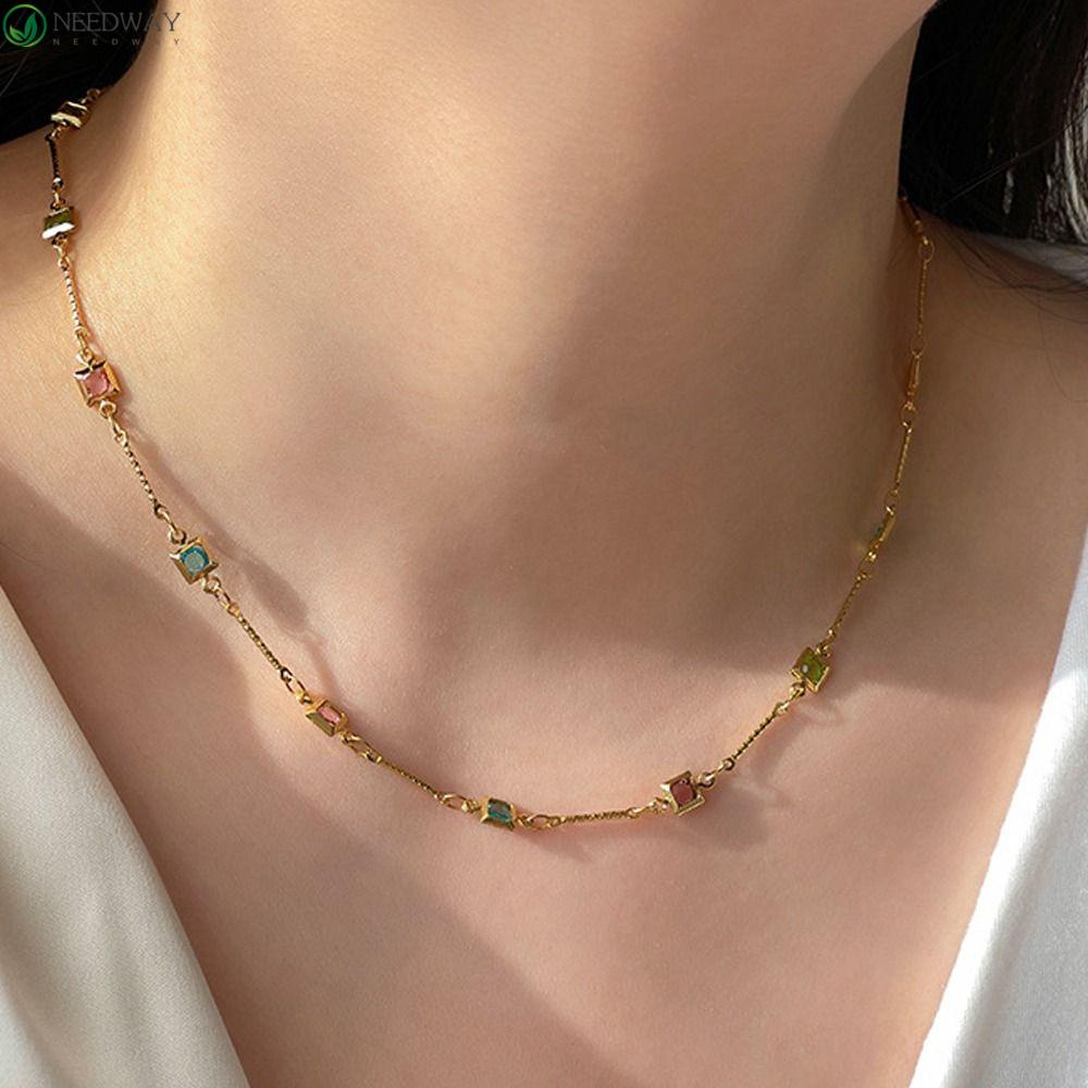 Needway Wanita Kalung Trendi Pesta Warna-Warni Retro Zirkon Kristal Gaya Korea Necklace