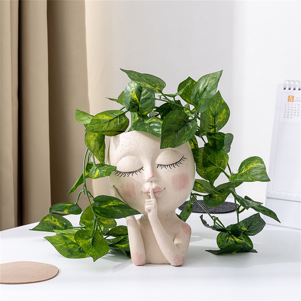 ღ Gadis Wajah Kepala Bunga Penanam Pot Bunga Resin Vas Bunga Pemodelan Artistik Patung Pot Bunga Hiasan Meja Berdaging Pot