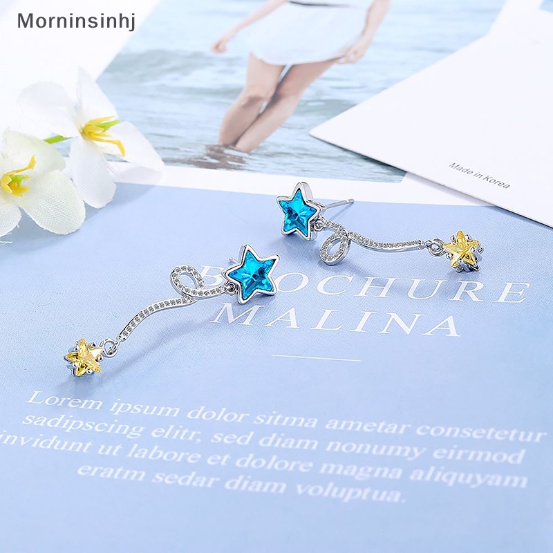 Mornin 1pasang Anting Liontin Bintang Kecil Biru Yang Indah Manis Sederhana Kristal Kuning Zirkon Bintang Anting Rumbai Untuk Wanita Perhiasan Hadiah id