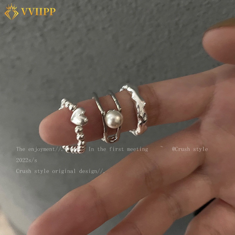 3pcs /Set Set Cincin Perak Untuk Wanita Mutiara Hati Twist Open Ring Simple Aksesoris Perhiasan