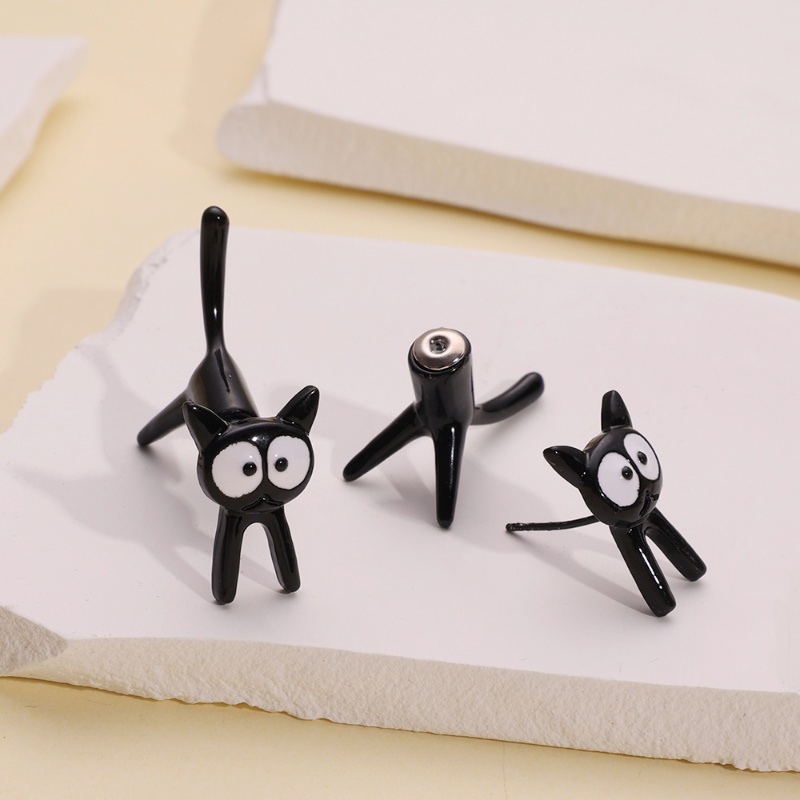 Women Ear Decor Jewelry Little Black Cat Stud Earring/Aksesoris Telinga Kartun Sederhana/Anting Logam Tindik Salib