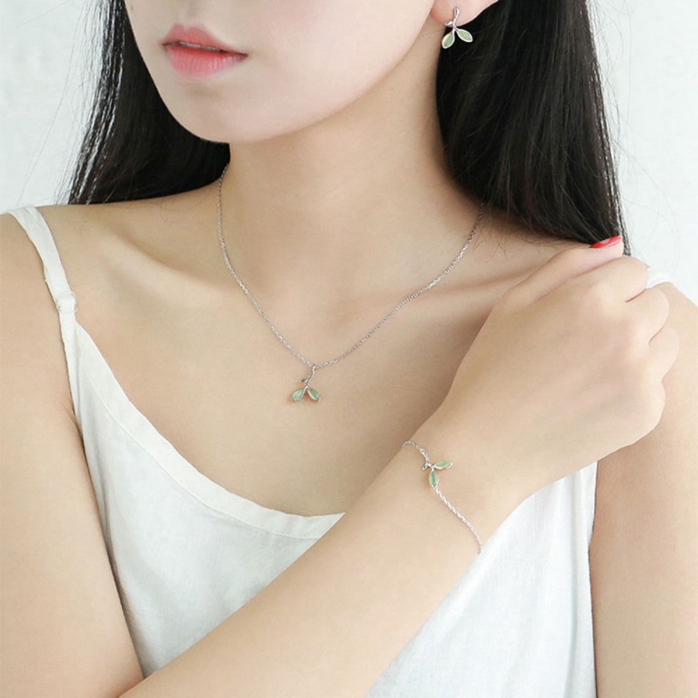 S925 Opal Daun Stud Earring Hijau Anting Wanita Telinga Perhiasan Aksesoris Gadis Seksi Perhiasan