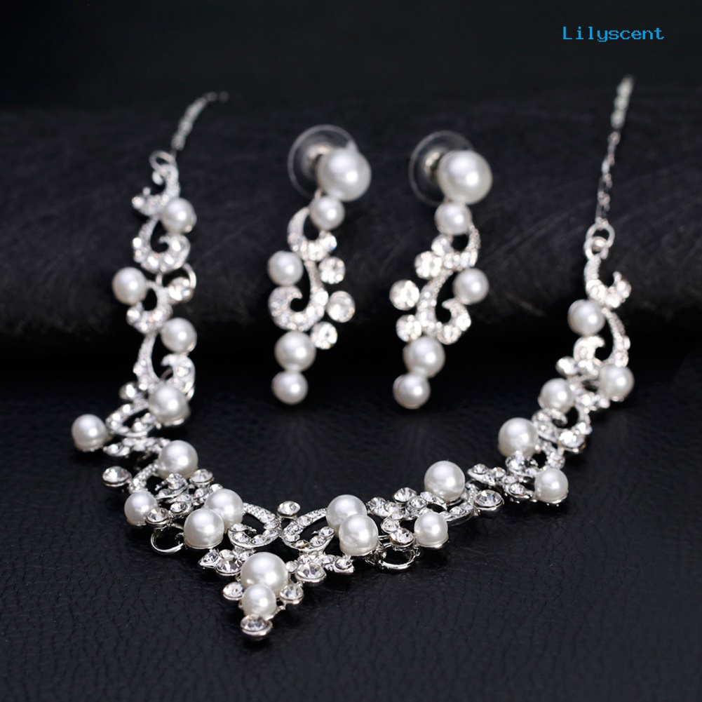 [LS]Fashion Alloy Berlian Imitasi Mutiara Imitasi Kalung Anting Wanita Pengantin Set Perhiasan