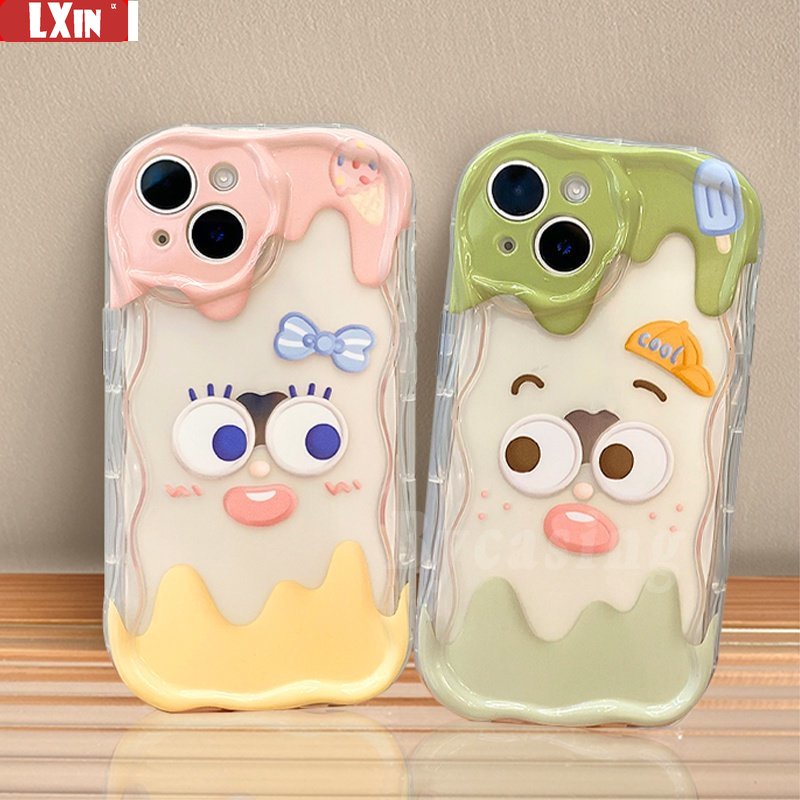 Couple Case Redmi Note12 Pro Note11 Note11S Poco C40 Redmi A2 A1 10 10C 10A 9C 9A 9T Note10 Note9 Note8 Poco M5S M3 Pro X3 NFC Ice Cream Emoticon Cewek Dan Cowok Penutup Tepi Bergelombang