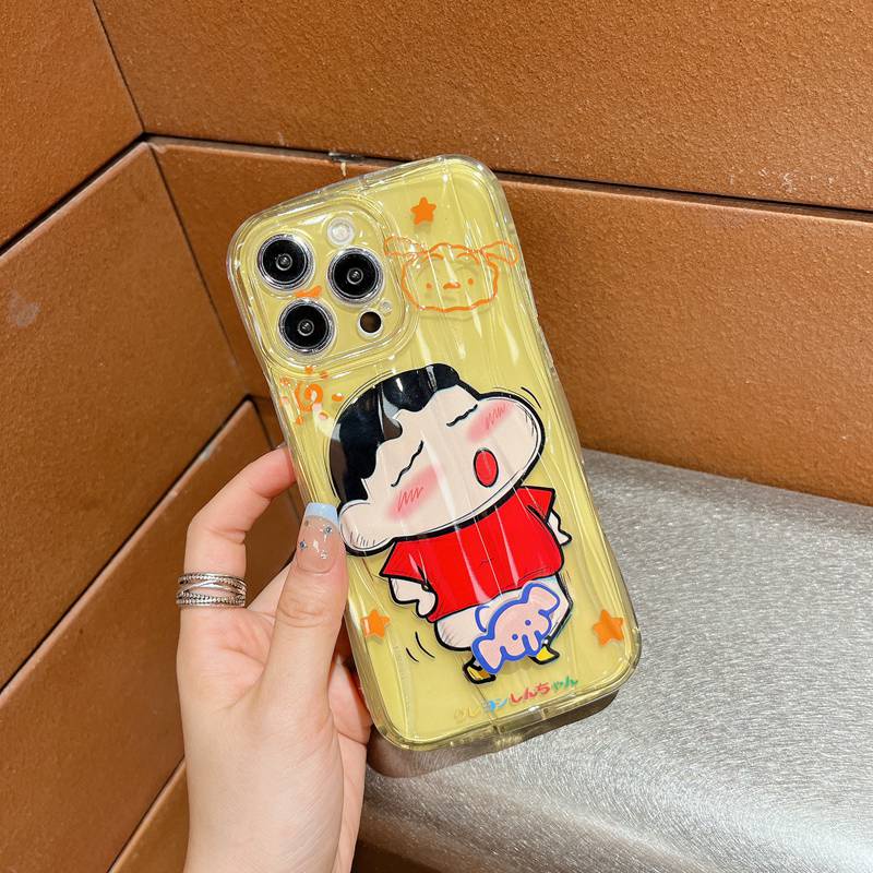 【Rotatable Toy】 Couple Crystal Wave So Cute Funny Crayon Shin-chan Airbag Soft Case for IPhone X XR XS Max 11 12 13 14 Pro Max 14 Plus Women Girl Lovely Elephant Cartoon