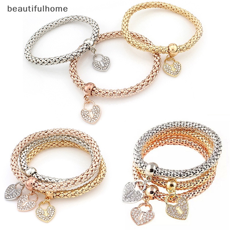 {beautifulhome} 3pcs Wanita Fashion Ctue Pesona Kristal Berlian Imitasi Hati Gelang Elastis Bangles.