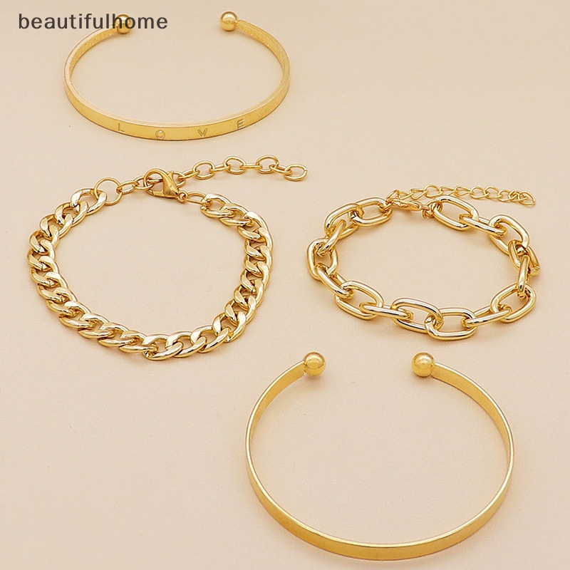 {beautifulhome} 4pcs /set Wanita Fashion Punk Hip Hop Rantai Bangles Gelang Perhiasan Aksesoris.