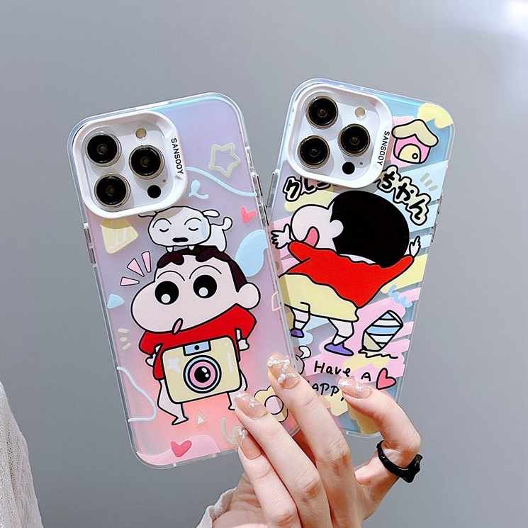 【Laser colorful】 So Cute IMD high quality Crayon Shin-chan Hard Case for IPhone 11 12 13 14 Pro Max Women Girl Lovely Cartoon