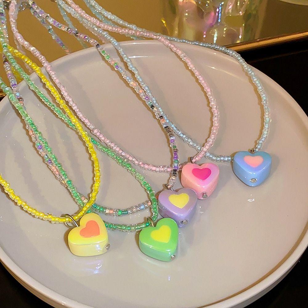 Mxbeauty Y2K Kalung Hati Trendy Manis Kupu-Kupu Pendent Girl Choker Akrilik Multi-Warna Gadis Manik-Manik Kalung Untuk Hadiah Ulang Tahun