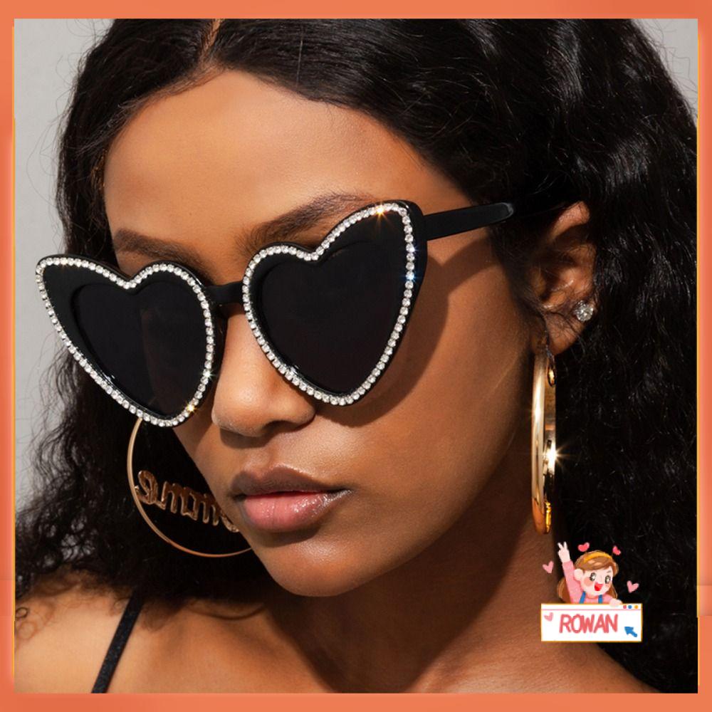 R-flower Diamond Heart Sunglasses Trendy Kostum Hitam Halloween Kacamata Matahari Bersinar Untuk Unisex