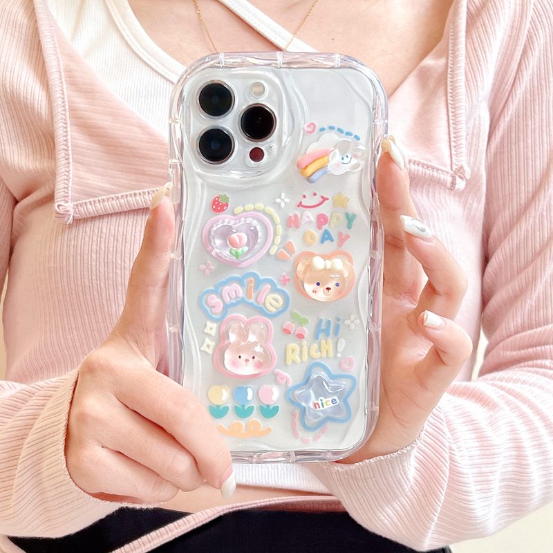 3D Clear Crystal Hand Made Diy Cute Cream Rabbit Bear Flower Soft Case IPhone 11 12 13 14 Pro Max New Apple for Women Girls Gift Bracelet Airbag Case