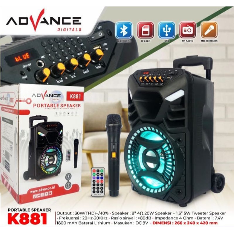 Speaker Portable Advance K 881 / K881 8 Inch Free 1 Mic Wireless