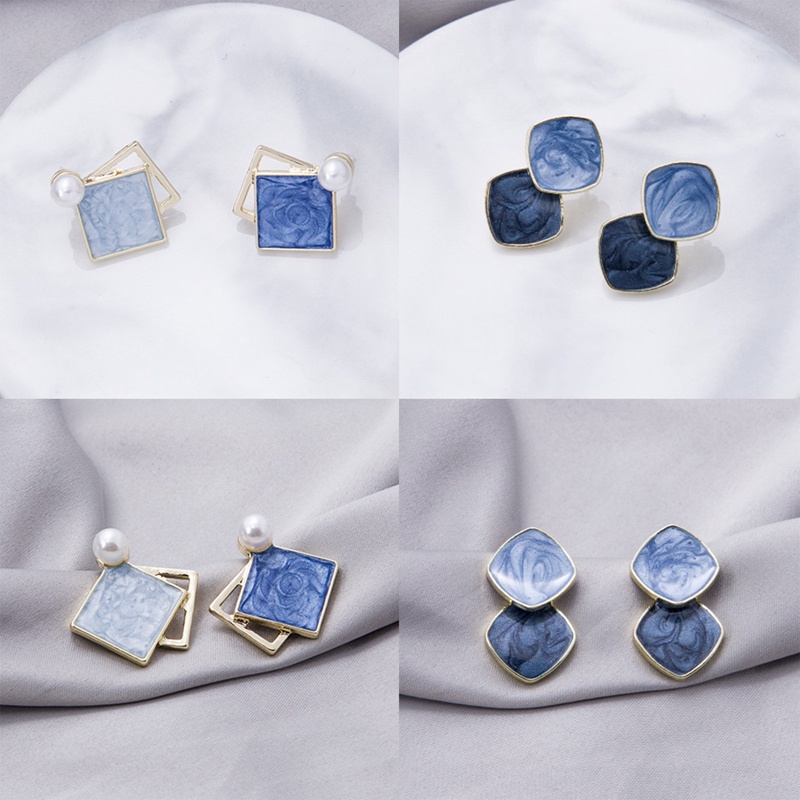 Anting Klip On Geometris Biru Korea Untuk Wanita Statement Round Square Earrings Fashion Brincos Ear Clips Jewelry