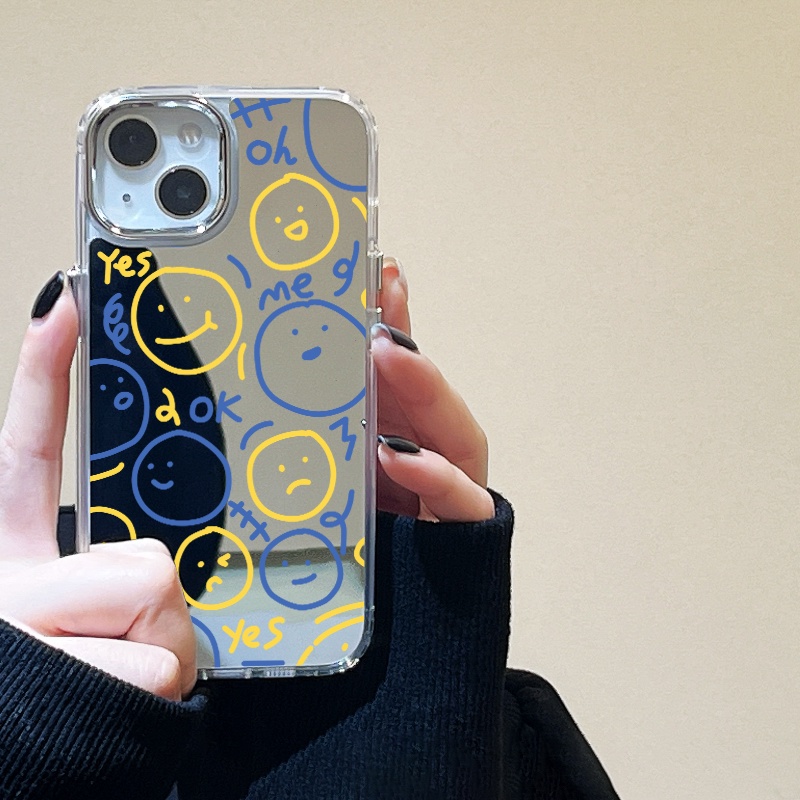 IPHONE Casing Ponsel Cermin Emoji Lucu Kompatibel Untuk Iphone11 12 13 14 12Pro 13Pro 14Pro Pro Max XR X XS Max Electroplating Tombol Perlindungan Mirror Cover
