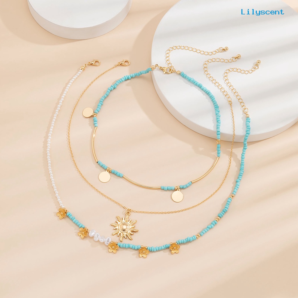 [LS]3 Pcs /Set Wanita Kalung Gaya Bohemia Multi Lapisan Mutiara Imitasi Payet Portable Lady Liontin Hadiah Ulang Tahun