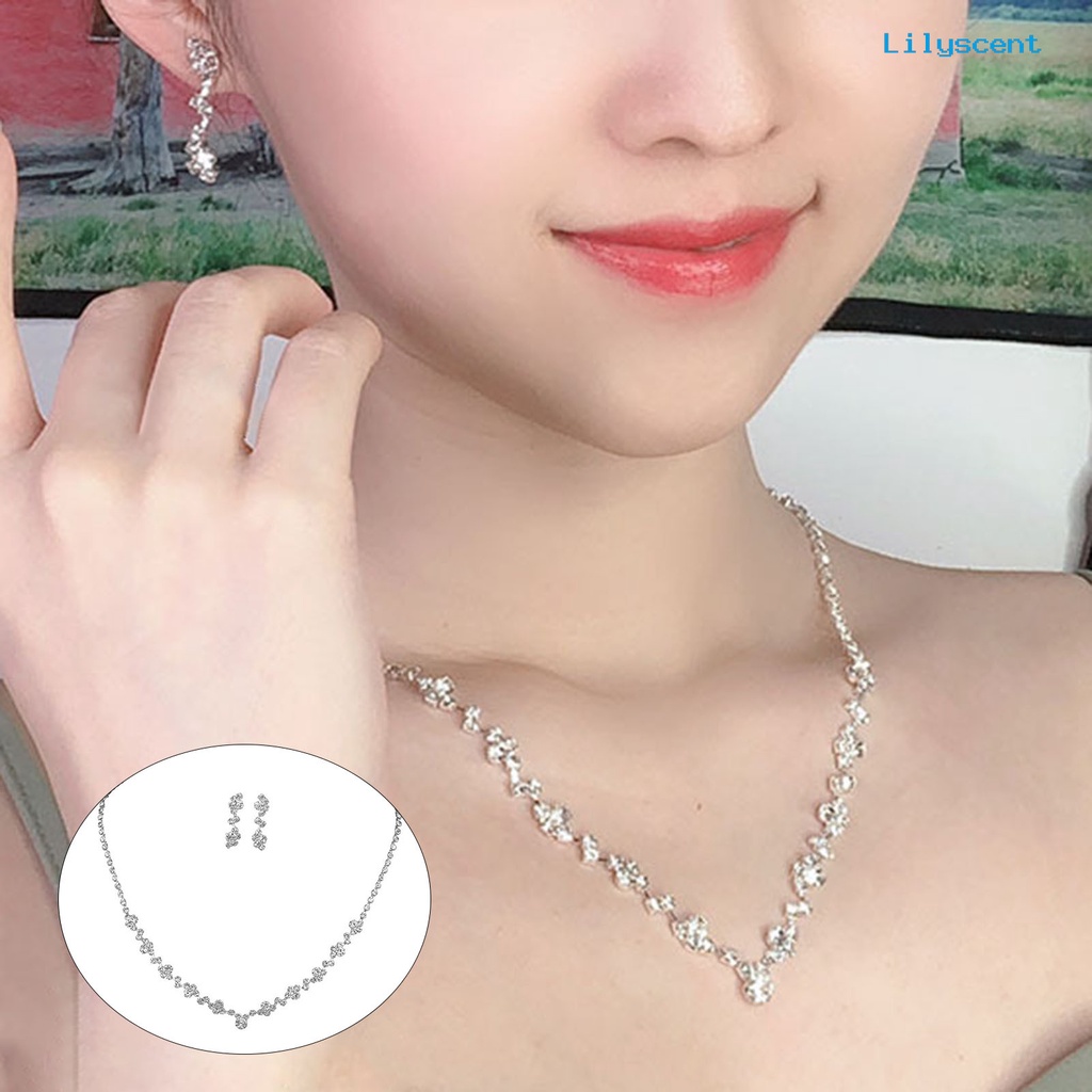 [LS]2Pcs/Set Bentuk Geometri Pengerjaan Indah Kalung Anting Set Mulia Bersinar Berlian Imitasi Choker Kalung Drop Earrings Perhiasan Aksesori