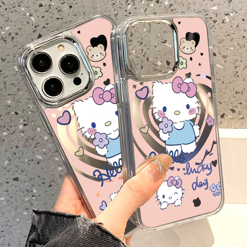 IPHONE Casing Ponsel Cermin Kucing Kitty Lucu Kompatibel Untuk Iphone11 12 13 14 12Pro 13Pro 14Pro Pro Max XR X XS Max Electroplating Tombol Perlindungan Mirror Cover