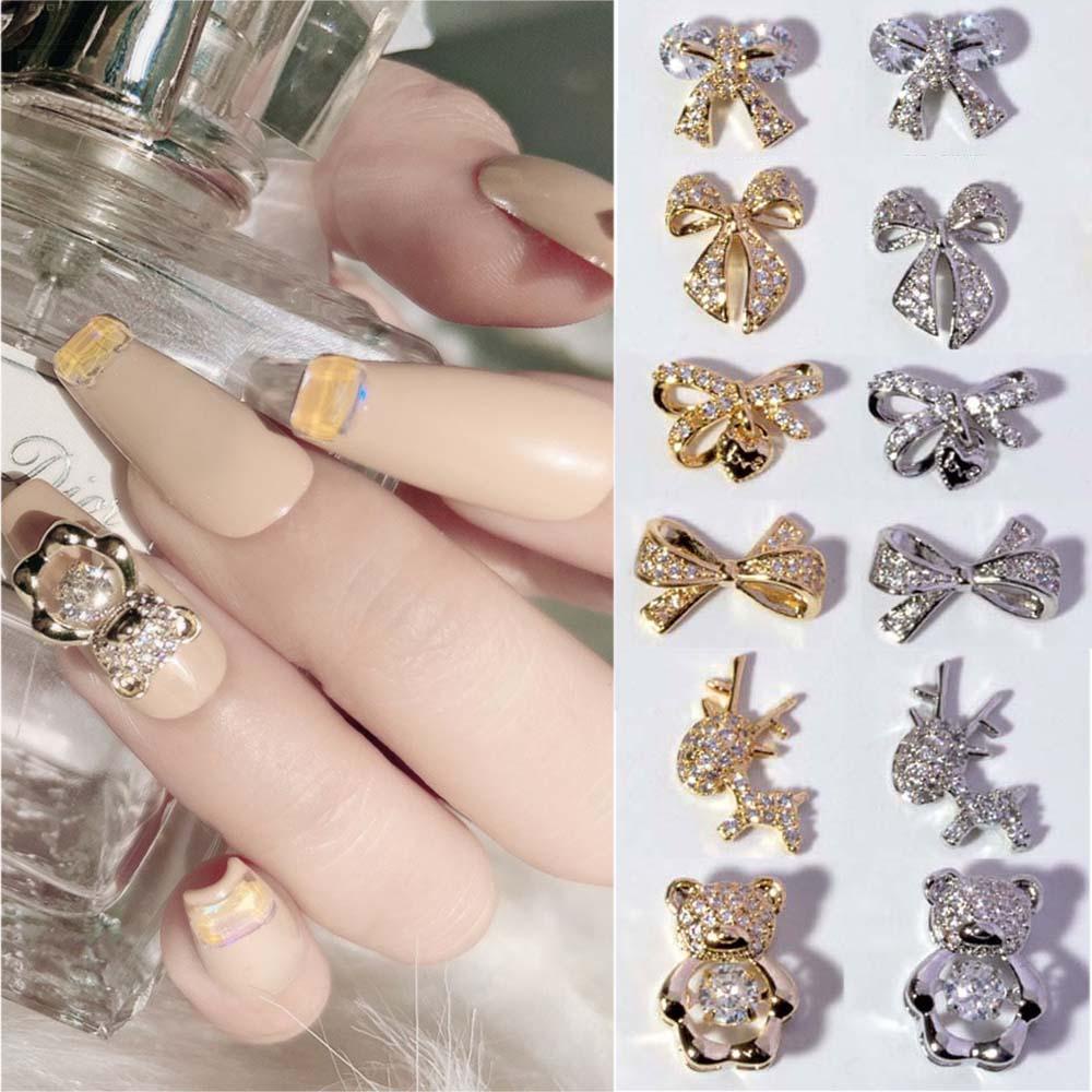 AUGUSTINA Agustina 3D Kuku Zirkon Mode Shiny Charms Bow Knot Beating Heart Bear Deer Nail Art Dekorasi