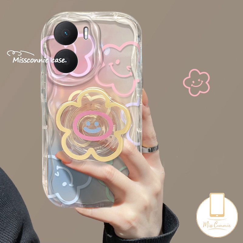 Untuk Realme C55 C25Y C31 C25 C53 5 9i 6i 7i 5i 5s C20 C20A C25s C21Y C12 C1 C33 C15 C35 C21 C17 C30 Colorful Graffiti Smiley Fresh Flowers Holder Bracket 3D Wavy Curved Edge Case