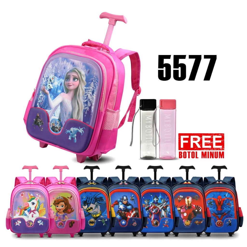 (RF) Tas Sekolah Trolly 5577 14 Inch Tas Cartoon Anak Cewek dan Cowok Tas Roda Motif Batman, Captain America, Frozen, Iron Man, Sofia, Spiderman, Ultraman, Unicorn