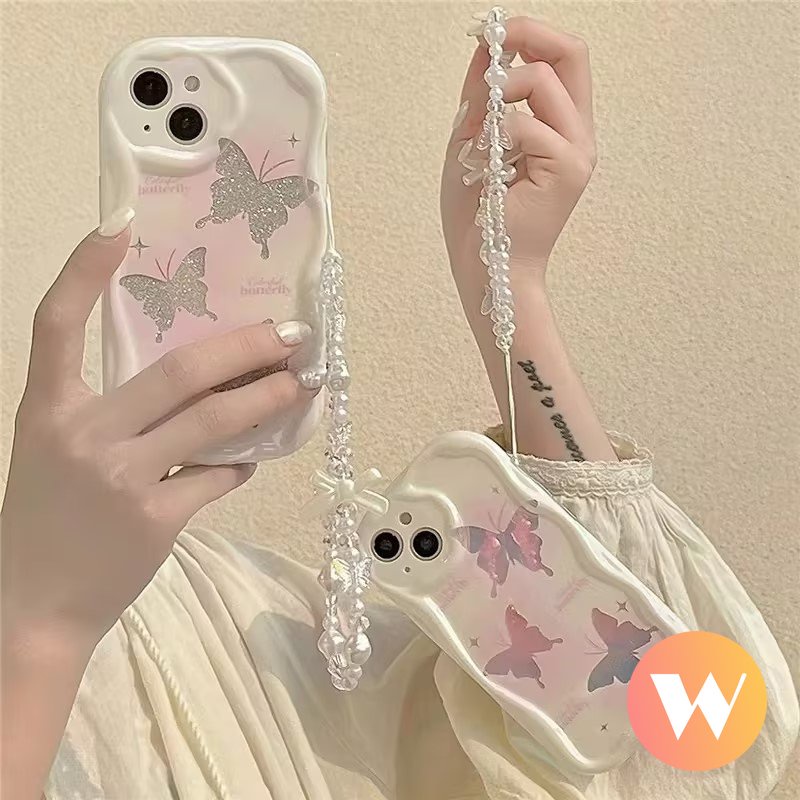 Casing Tepi Melengkung Bergelombang 3D Untuk Redmi 10A 9C NFC 9A 9 9T 10 10C A1 A2 Redmi Note10 11 8 9 10s 11s 12 10 Pro Max POCO M3 Fantasy Butterfly Glitter Pearl Chain Lanyard Cover