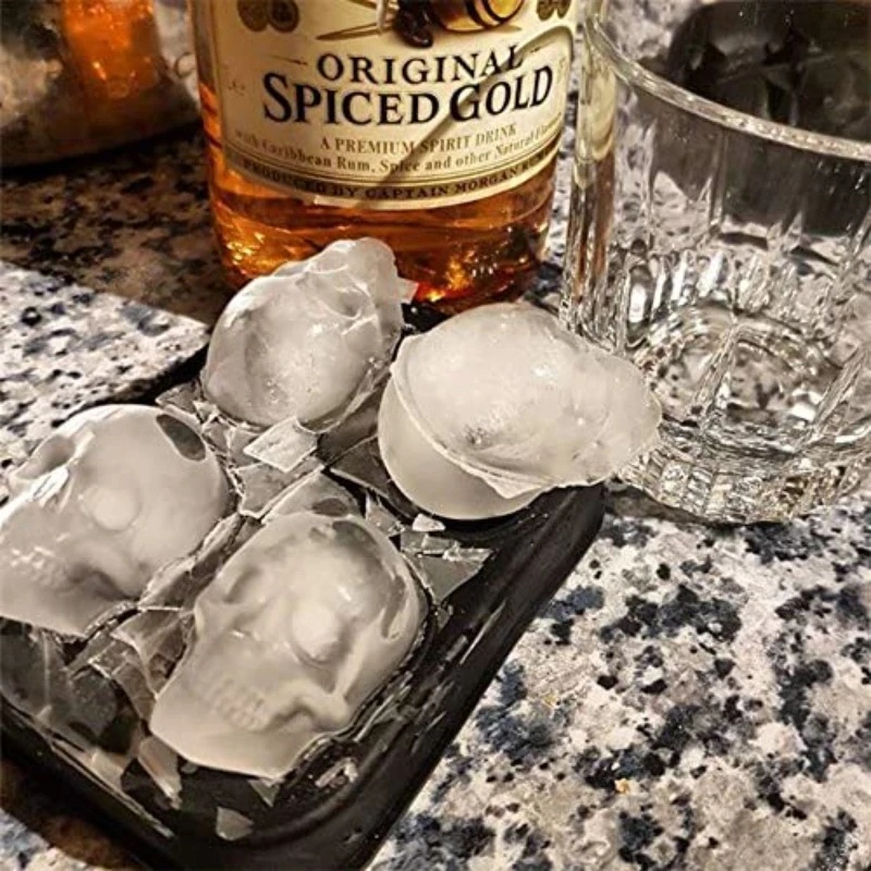 Cetakan es batu bentuk tengkorak 3D / Ice Ball Tray silikon 4-Cavity / cetakan coklat Resin Sphere kecil / untuk jus Whiskey Cocktail / perlengkapan pesta Halloween / gadget dapur Bar