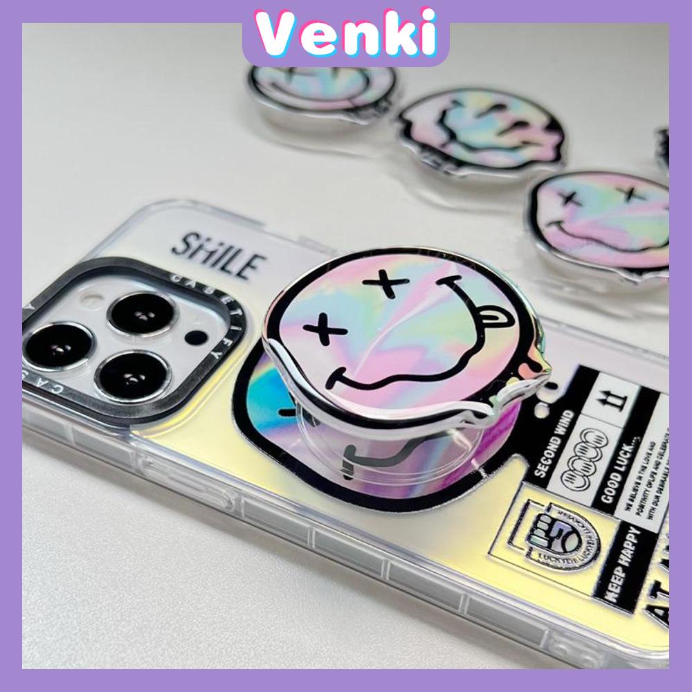 VENKI - Casing Ponsel Griptok Pegangan Akrilik Braket Lipat Kantong Udara Transparan Kompatibel dengan Casing Ponsel iPhone Sederhana Keren Berubah Kreatif Smiley Beruang Lucu