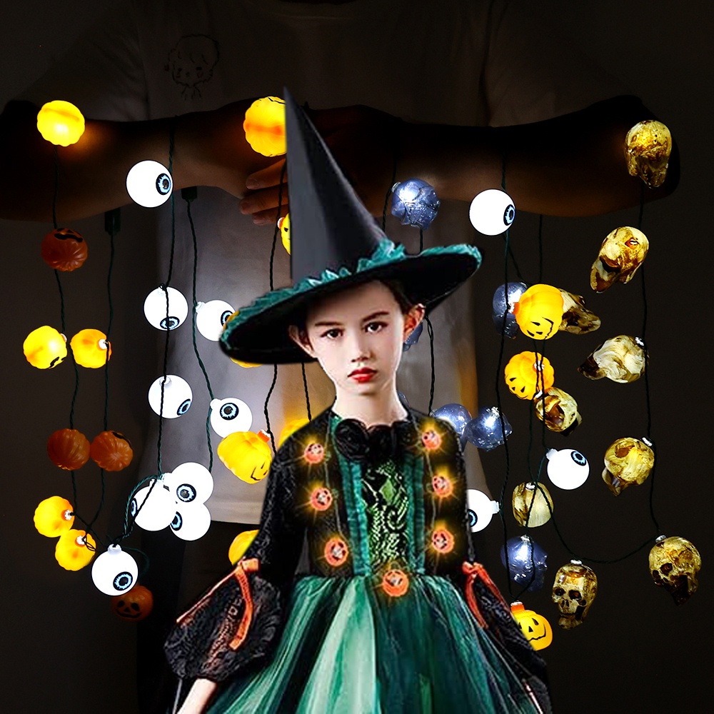 1m Halloween Lampu Kalung LED/3-Mode Lampu Kedip String/Lampu Labu Bola Mata Hantu Mengerikan/Dekorasi Rumah Nikmat Pesta/Anak-Anak Dewasa Trick or Treat Aksesoris