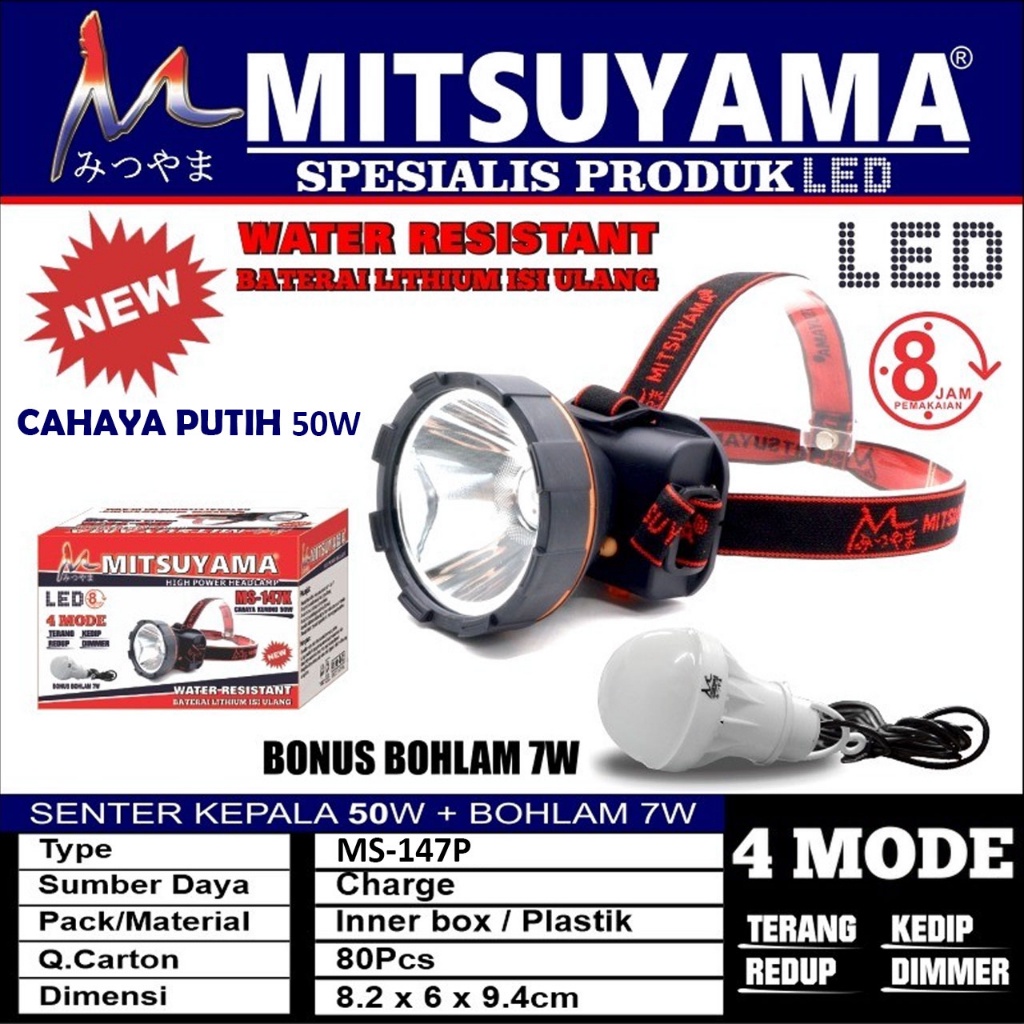 Senter Kepala LED Mitsuyama MS 147P / MS 147K / MS 167P / MS 177P LED Headlamp Bonus Lampu LED