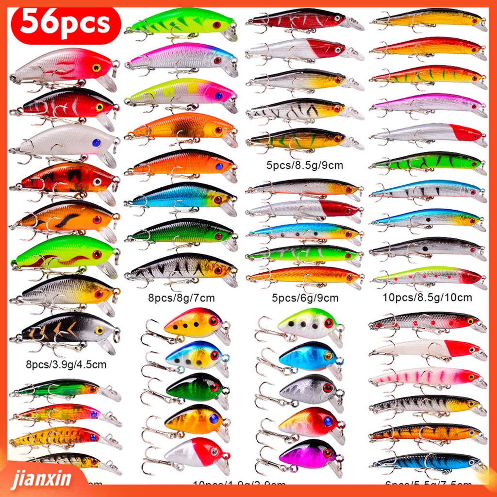 (In Stock) 56Pcs /Set Umpan Buatan Kait Tajam 3D Mata Multi Gaya Tahan Karat Umpan Keras Lembut Untuk Memancing