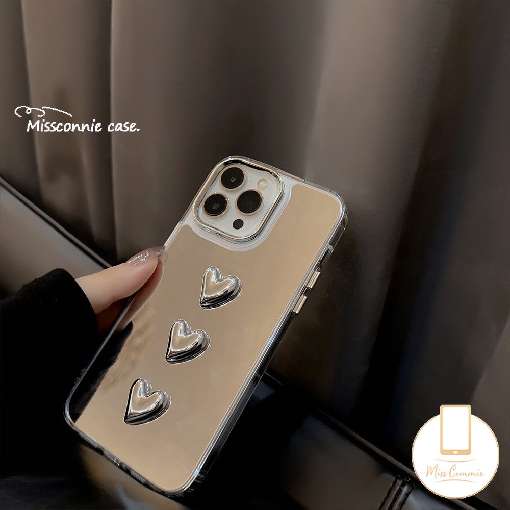 IPHONE Casing 3D Stereo Silver Love Heart Make Up Mirror Metal Akrilik Kompatibel Untuk Iphone11 14 Pro Max 13 14 12 Pro Max 14 Pro 12pro 13 Pro 14 11 12 13 Plating Mewah Shockproof Cover