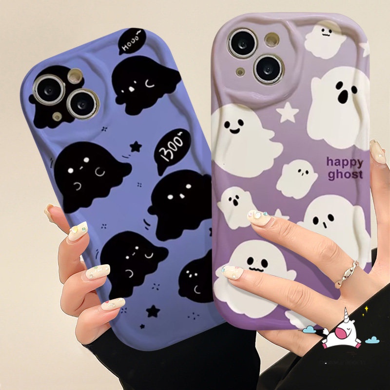 Kartun Lucu Hitam Putih Hantu Kecil Pasangan Case Untuk Redmi Note12 10 8 11 9 10s 11s Pro Max Redmi 10C 10A 9T 9 A1 9C NFC A2 A9 POCO M3 Bintang Doodle 3D Wavy Curved Edge Soft Cover