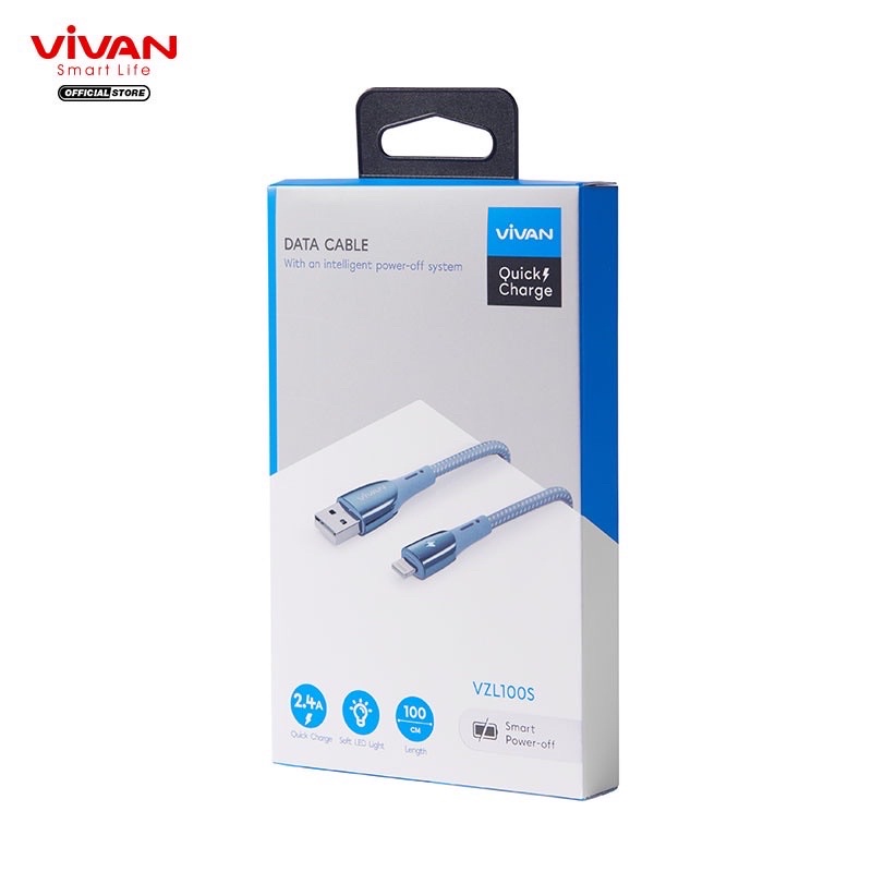 VIVAN Kabel Data VZL100S BLUE Data Cable IPHONE 1M Quick Charge 2,4A Smart Chip Automatic Power-Off QC3.0  Garansi Original Resmi