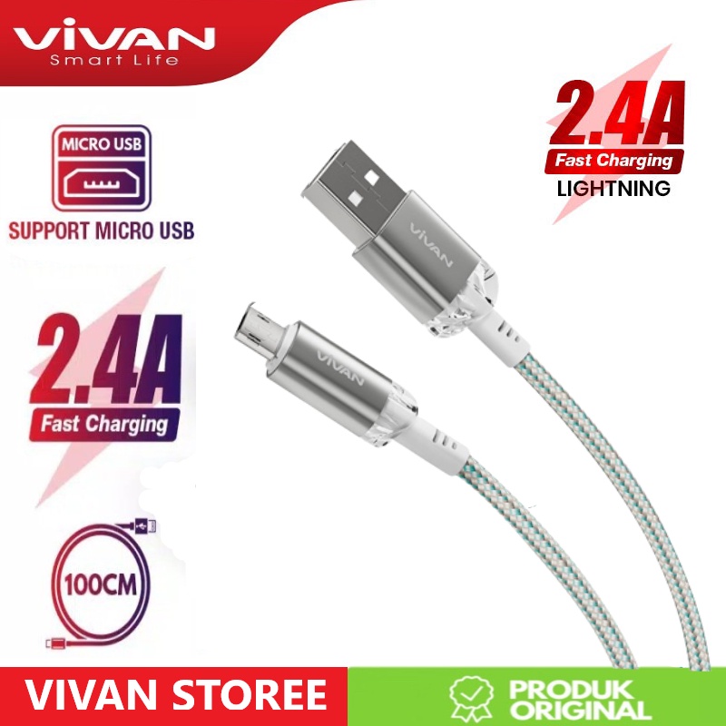 VIVAN Kabel Data USB VXM100S Data Cable Micro USB Android 100cm Fast Charging 2.4A Garansi Original Resmi