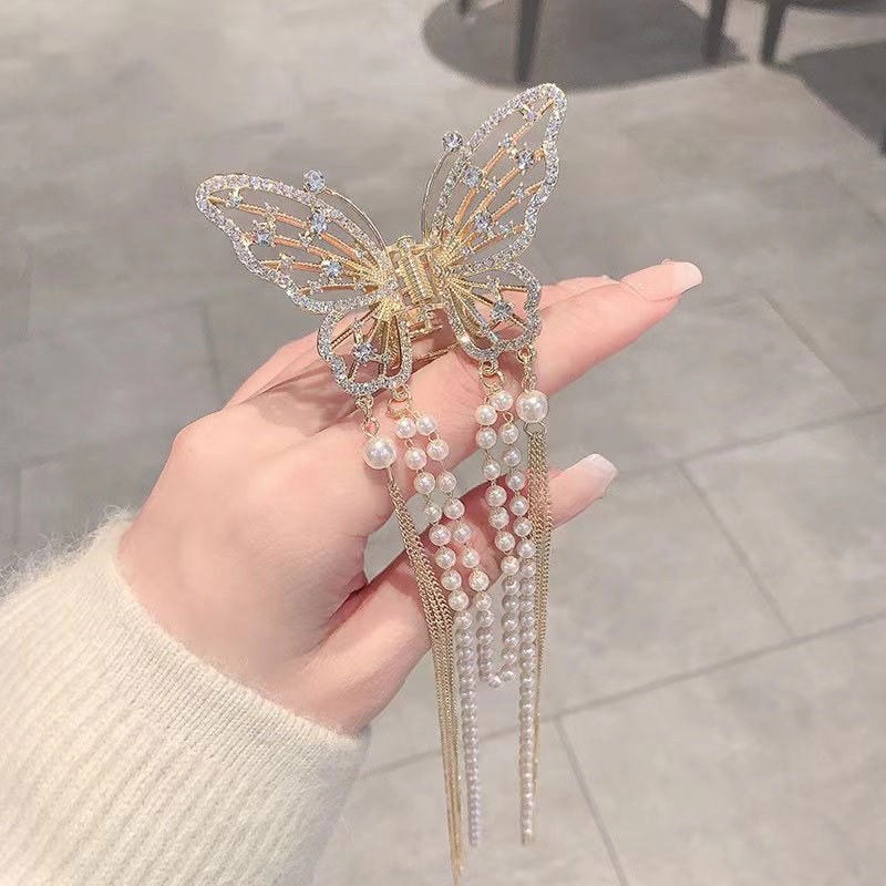 Korea INS Gaya Peri Berlian Imitasi Mutiara Imitasi Rumbai Hiu Klip Fashion Indah Berongga Kupu-Kupu Hadiah Rambut Pin Aksesoris Alloy Ponytail Holder Hair Claw