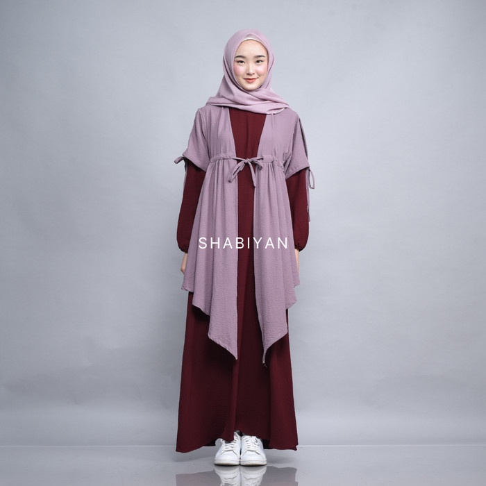 Promo COD Terlaris SHABIYAN 484 Gamis Set Outer Muslim Kombinasi Crinkle | Halwah - Maroon, S (Remaj