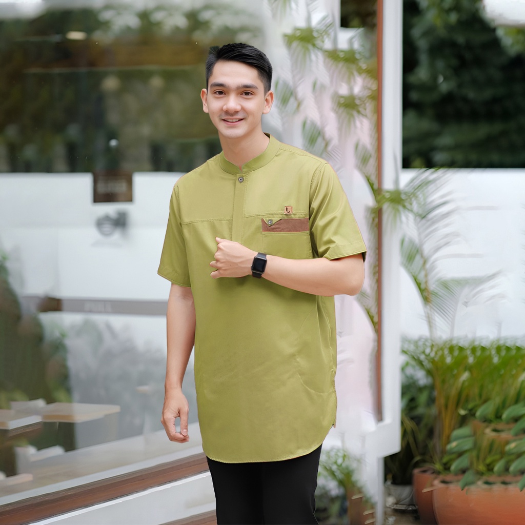 Baju Koko Kurta Baju Muslim Pria dengan Desain Terbaru dan Terupdate Model Lengan Pendek Hijau Lemon