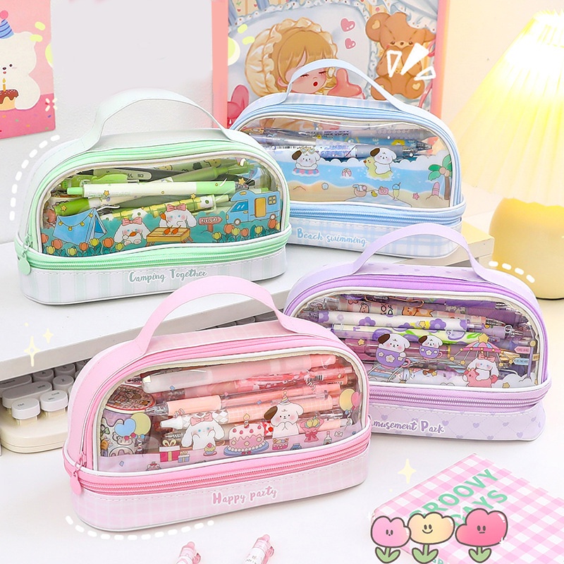 Happy Party Double Layer Pencil Case Kapasitas Besar Lucu Kartun Genggam Ritsleting Kotak Pensil Transparan Tas Pulpen Tas Penyimpanan Siswa Alat Tulis