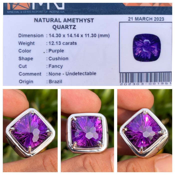 Natural 12.13ct Amethyst Quartz Kecubung Ring Perak