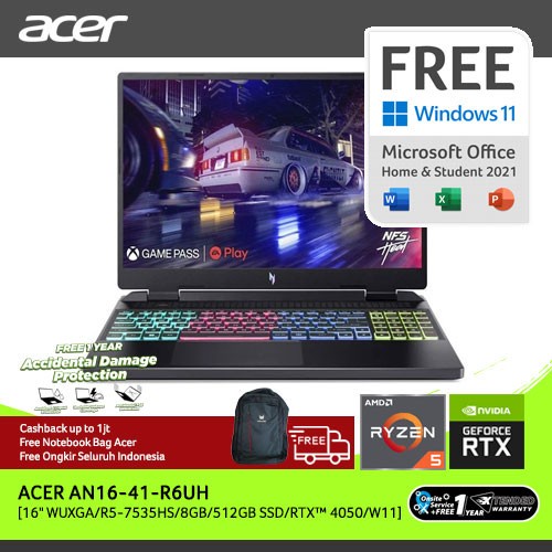 ACER LAPTOP NITRO 16 AN16-41-R6UH 16 AMD R5-7535HS 8GB 512GB RTX4050