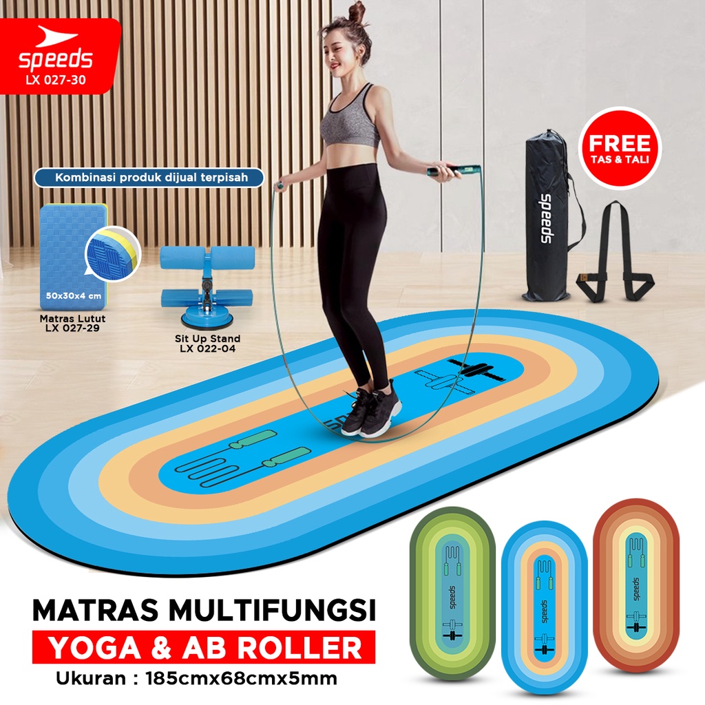 SPEEDS Matras Fitness Alas Yoga Mat Ab Wheel Ab Roller Latihan Fitness Mat Anti Slip Blue LX 027-30